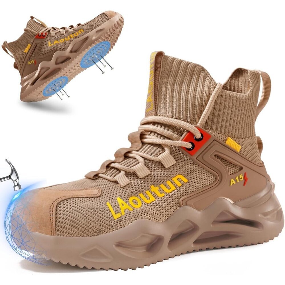 Men's Brown Lightweight Comfortable Safety Shoes, Puncture Resistant Work Shoes